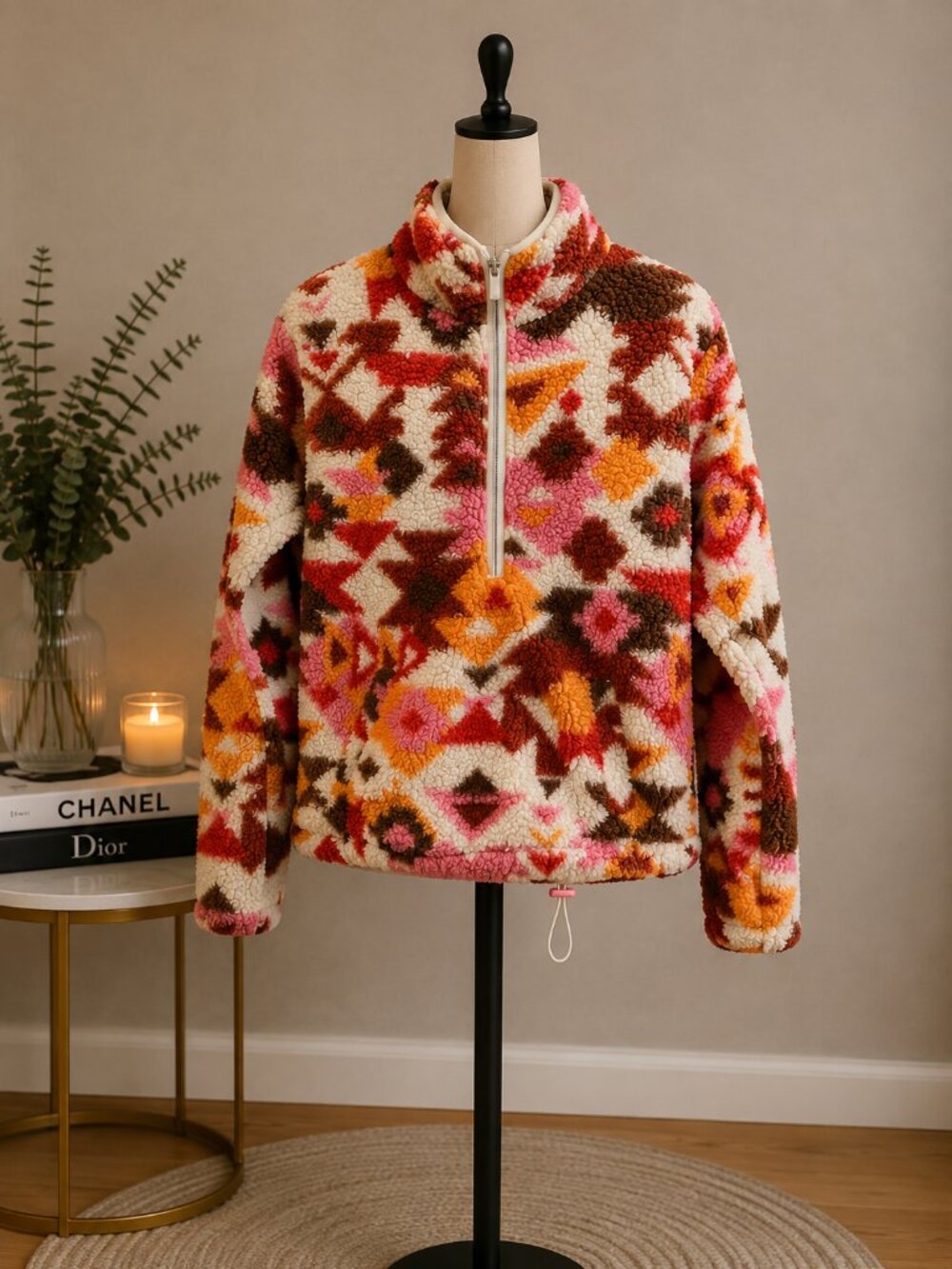No Boundaries Pink Multi Sherpa Half-Zip Turtleneck Pullover